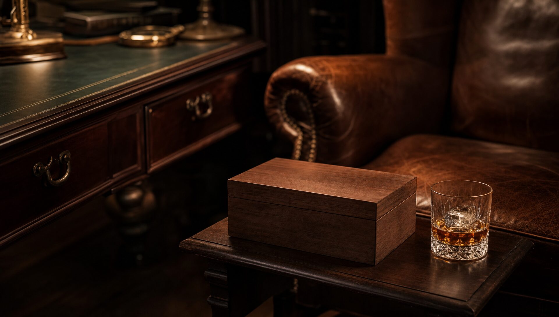 A leather armchair in a softly lit study beside a side table with a chilled glass and a wooden gift box